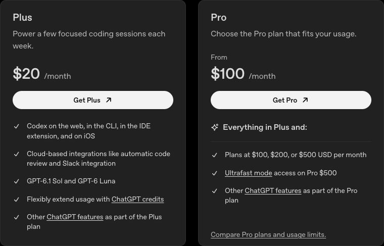 Официальные карточки Plus за 20 долларов в месяц и Pro от 100 долларов в месяц